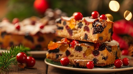 Indulge in a close-up view of decadent fruit cakes, adorned with colorful candied fruits.