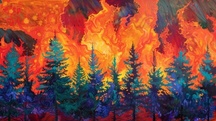 Abstract forest with fiery sky painting