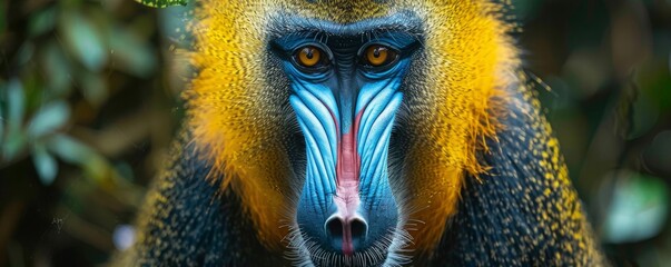 Detailed view of a mandrill in natural habitat - obrazy, fototapety, plakaty