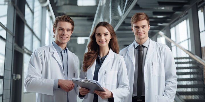 A portrait of three smiling young doctors standing in front, one holding medical records and wearing white coats, with a modern hospital background, in the style of professional photography.