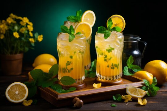 Refreshing homemade summer lemonade in mason jars with fresh lemon slices and ice cubes