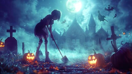 A zombie girl with a broom is in a spooky graveyard. The sky is dark and there are pumpkins and bats - obrazy, fototapety, plakaty