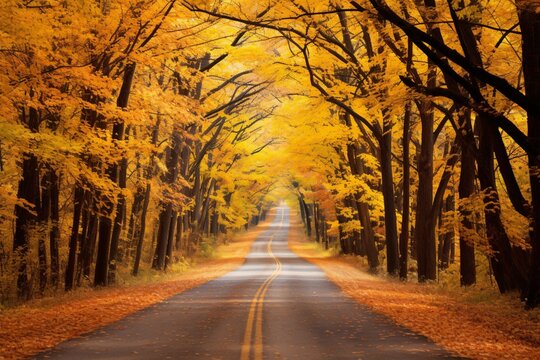 a road with trees and yellow leaves