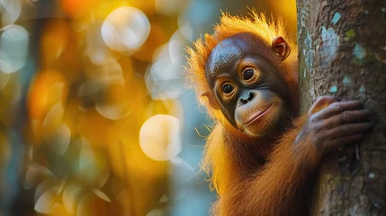 Fotobehang endangered specie of monkey orangutan, Earth Day or World Wildlife Day concept. Save our planet, protect green nature and endangered species, biological diversity theme   © Mahnoor