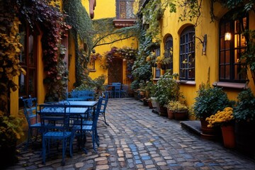 a courtyard with blue chairs and tables - obrazy, fototapety, plakaty