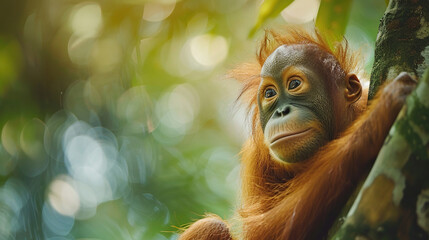 endangered specie of monkey orangutan, Earth Day or World Wildlife Day concept. Save our planet, protect green nature and endangered species, biological diversity theme	
