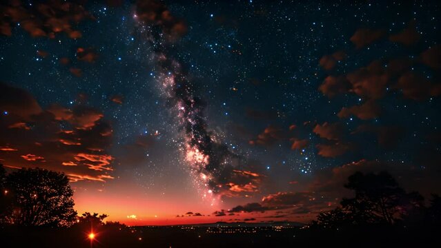 Beautiful night starry sky falling stars landscape scenery with the view of milky way galaxy