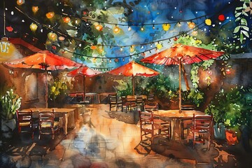 Cozy outdoor restaurant terrace at night, illuminated by string lights and candles, watercolor painting - obrazy, fototapety, plakaty