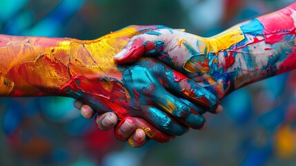 Unity in diversity: oil-painted hands in a handshake symbolizing inclusivity and harmony