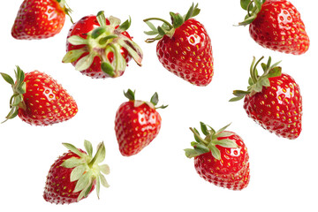 Falling fresh strawberries in motion, png isolated on transparent background, clipart, cutout. - obrazy, fototapety, plakaty