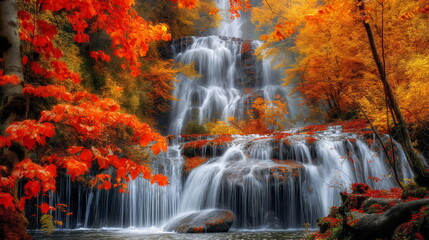 Captivating Autumn Beauty, Majestic Waterfall Cascading Through Vibrant Fall Foliage in the Forest