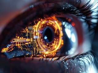 Fototapeta na wymiar Eye with a nano-tech contact lens, designed for enhanced vision and digital connectivity. Biometric eye scan and network. Concept healthcare technology. AI