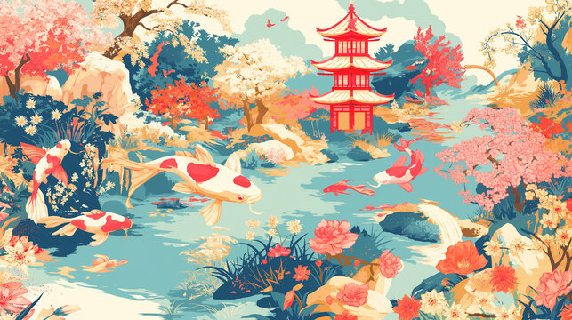 Koi fish in a Japanese garden, surrounded by cherry blossoms and pagodas, depicted in vibrant pastel colors. children’s book illustrations