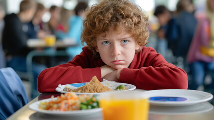 Unhappy young boy with a frown sitting in a cafeteria, his elbows on the table, looking dissatisfied with a healthy lunch plate in front of him - obrazy, fototapety, plakaty