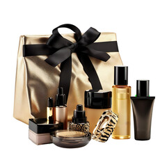 Cosmetic gift set gold and black colour Isolated on transparent background.