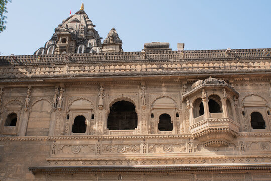 Exterior view of Maheshwar temple situated on the banks of the River Narmada, Madhya Pradesh, India.