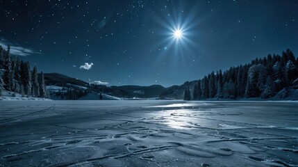 Moon with stars over the snowy lake
