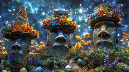 Fantasy illustration of stone heads with colorful hats and flowers - obrazy, fototapety, plakaty