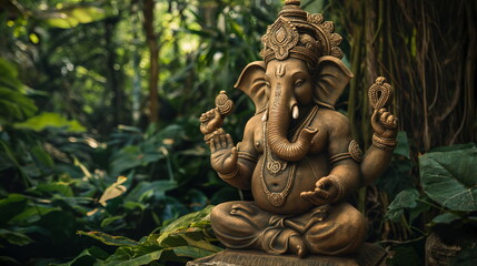 Serene statue of Ganesha amidst lush greenery, symbolizing peace and spirituality