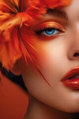woman wearing vibrant orange feathers on her head in a striking fashion statement