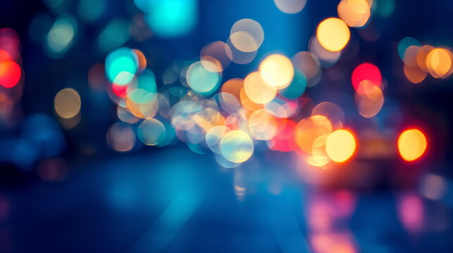 blur of city lights, buildings, and moving vehicles on a busy urban street at night