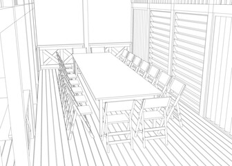 Gazebo outline. Black contour linear silhouette. Isometric view. Contour of a summerhouse with benches, a table and a roof. Vector illustration. 3D.