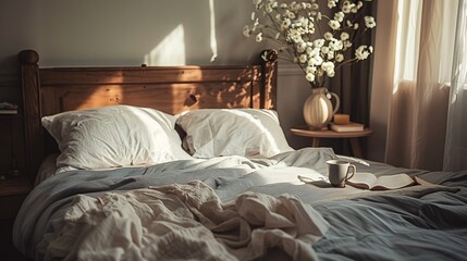 A cozy bedroom scene with a cup of coffee and a vase of flowers Generative AI