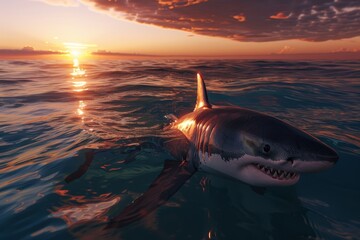 toothy shark emerges from the sea - obrazy, fototapety, plakaty