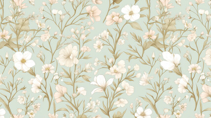 Vintage floral pattern, pastel green background, soft colors, white flowers and beige leaves, watercolor style, seamless wallpaper design