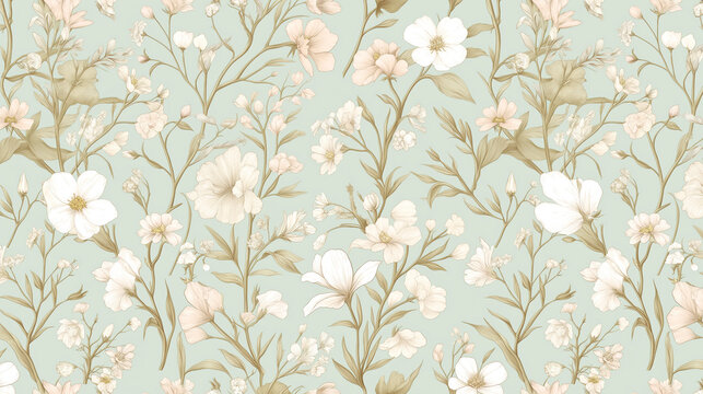 Vintage floral pattern, pastel green background, soft colors, white flowers and beige leaves, watercolor style, seamless wallpaper design