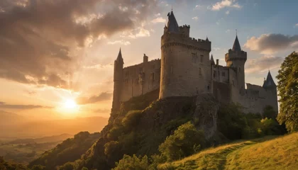 Deurstickers A fairytale-like castle sitting atop a hill, silhouetted against a dramatic sunset sky, embodying a sense of history and romance. © video rost