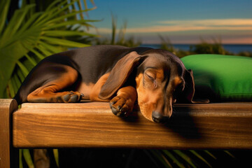 A lively Dachshund pup, peacefully napping on a green bench by the ocean, surrounded by a solid green background. The scene is both serene and charming, capturing the tranquility of the moment.