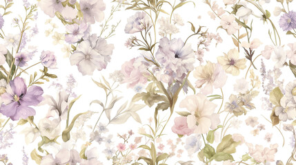  Vintage watercolor pastel soft floral pattern on a white background, in muted lavender and cream tones,  cottagecore wallpaper