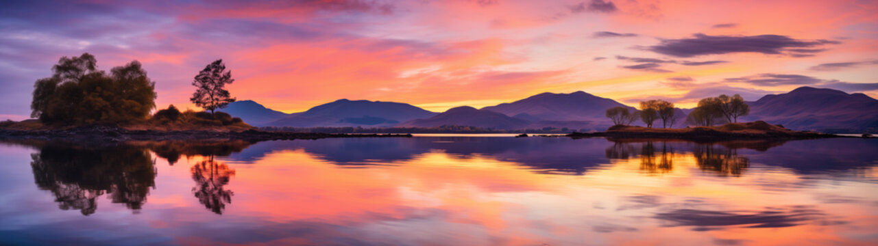 Lakeside Sunset with Mountain Views and Vibrant Clouds