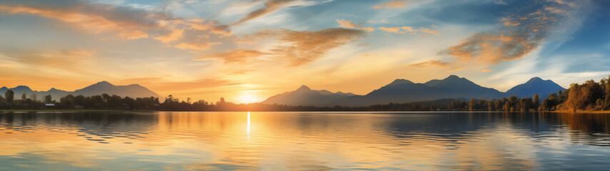 Fototapeta premium Golden Hour Brilliance Over Serene Lake and Mountain Range