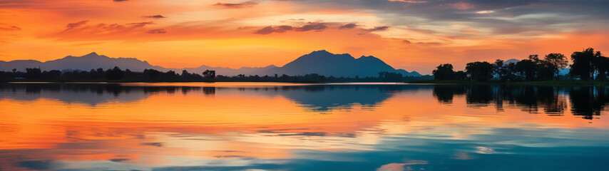 Fototapeta na wymiar Spectacular Sunset with Vivid Colors Reflecting in Lake