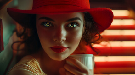 Zbliżenie na twarz kobiety o lśniących oczach, noszącej czerwony kapelusz - obrazy, fototapety, plakaty