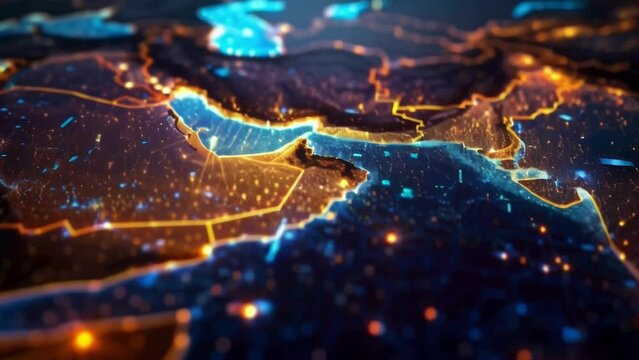 A dynamic map of the Middle East glowing brightly, showcasing the regions geography and borders.