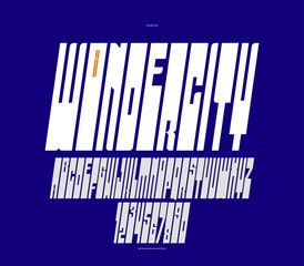 Bold and strong vector geometric font for logos and emblems, display typeface for posters and headlines, heavy and thick letters alphabet in modern style, italic version.