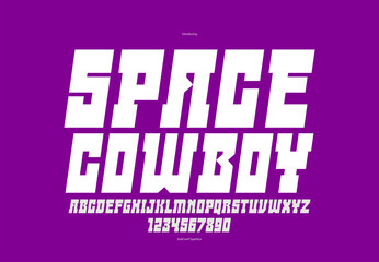 Wild west space future style bold display font for logos and emblems, vector futuristic geometric modern typeface for posters and headers, italic western and technology styles mixed.