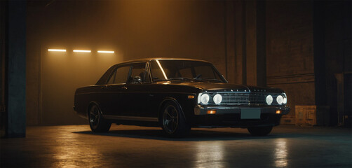 Fototapeta premium A luxury Black Car stand on a dark background with spotlight generative AI