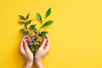 Hands holding flowers against a yellow background 