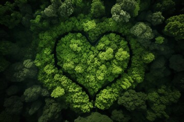 Heart of the forest. Aerial image of a forest canopy in the shape of a heart 