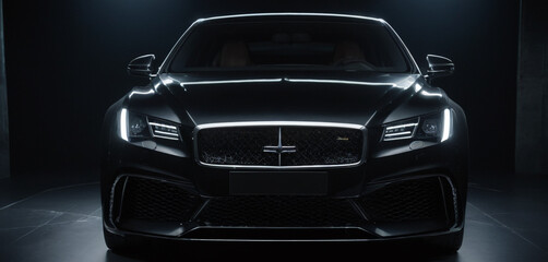 A luxury Black Car stand on a dark background with spotlight  generative AI