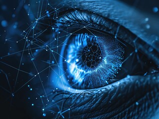 Image eye in dark blue shades, detailed with delicate glowing lines and dots. It's depicted as connected to a complex medical network, embodying the fusion of advanced healthcare and AI technology.