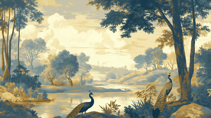 A vintage wallpaper design with blue and beige colors, depicting an idyllic landscape scene with peacocks in the foreground. The background features trees and a river, creating a serene atmosphere. - obrazy, fototapety, plakaty