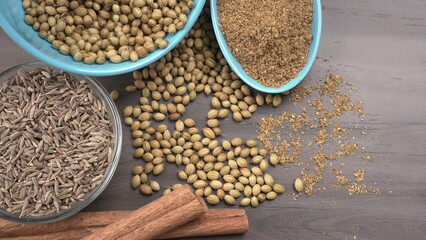 Coriander seeds and coriander Powdered, Indian Spices and herbs.