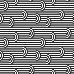 Seamless pattern with twisted lines, vector linear tiling background, stripy weaving, optical maze, twisted stripes. Black and white design. - 773019378