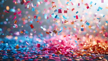 Colorful confetti falling on background. Pink and blue confetti for birthday parties and other celebrations and festivities. Different shaped confetti