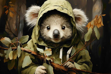 A little koala wearing a trendy beanie, munching on eucalyptus leaves against a brown background. - obrazy, fototapety, plakaty